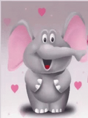 a picture of an elephant smiling with hearts floating in the background