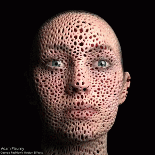 a blue woman's face is made from the image of crocheted plastic