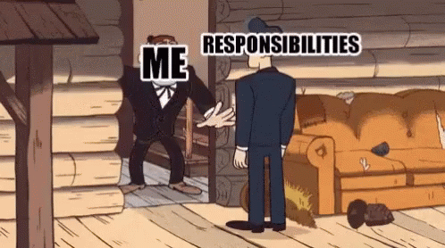 a cartoon with text saying, me responsible, responsible to make or  on a person