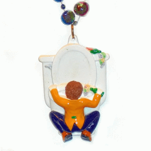 a blue figure sitting on a toilet, and an object above him