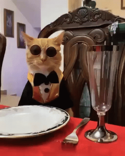 a cat statue sitting on top of a table next to a plate and a wine glass