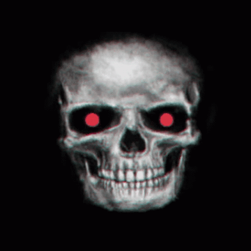 a skull with blue eyes glowing from it