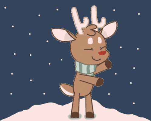 a cartoon deer standing in the snow with its tongue sticking out