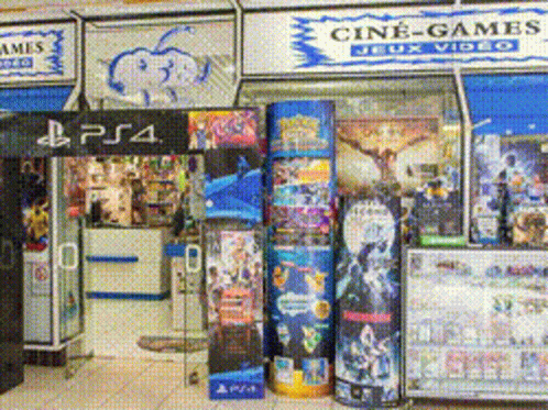 a store front is shown with many games on the display