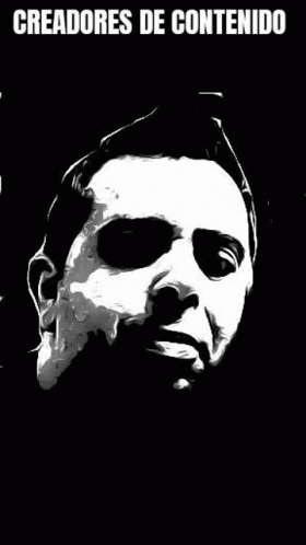 a black and white poster with the face of a person wearing a face mask