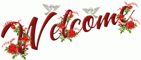 the word welcome is decorated with flowers and two birds