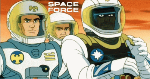 the cartoon series space force has a man with two other men