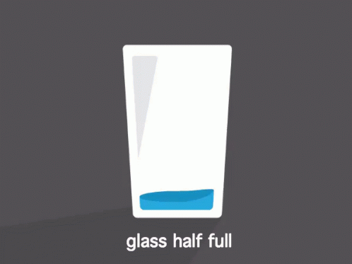 a cartoon glass half full of liquid with text over it