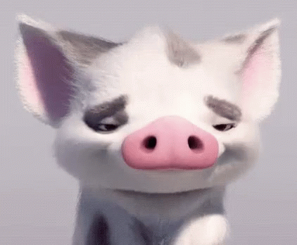 an animation pig is wearing a purple nose