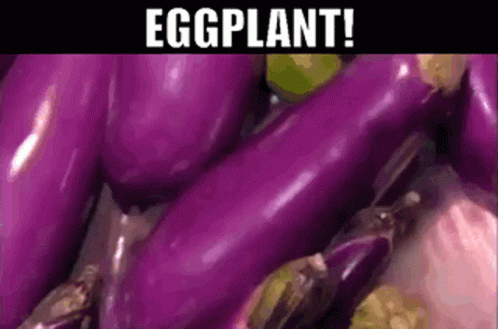 purple eggplant with purple flakes with words eggplants