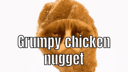 the word grumpy chicken nugget is written in a blue font