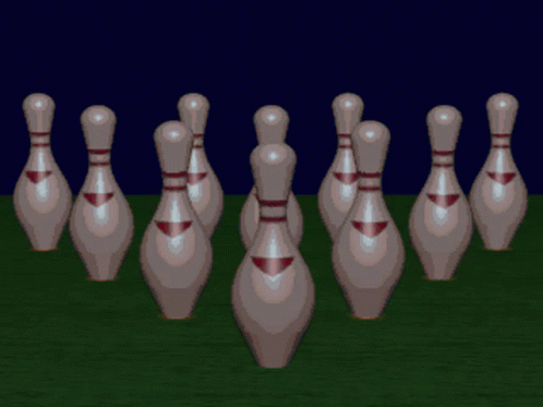 a bunch of white bowling pins with blue bowling pins