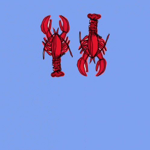 two blue plastic lobsters on an orange background