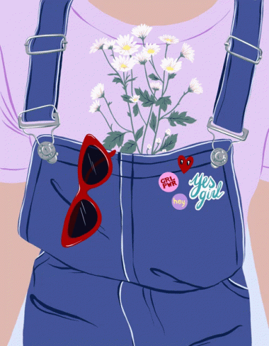 the woman has sun glasses and is wearing jeans with flowers growing from them