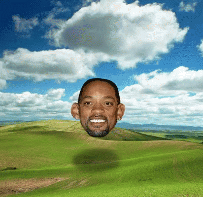 a digital painting of a smiling man over a landscape