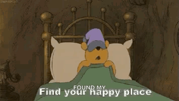 the bed has a pillow on it and the text reads, found my find your happy place