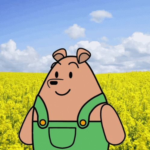 a drawing of a bear wearing a backpack stands in the middle of a large grassy field