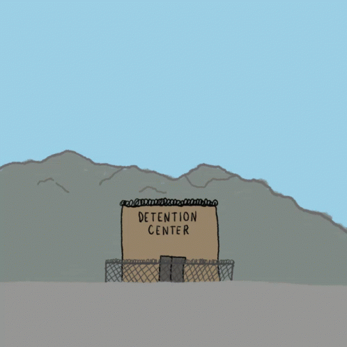 a drawing of a closed gate in front of a mountain