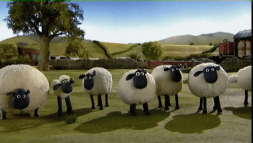 an animation of sheep in front of a rural landscape