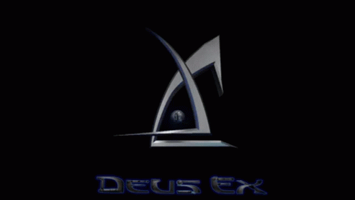 a logo for deus ex, a dark background