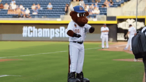 a man on a field with a mascot standing behind him