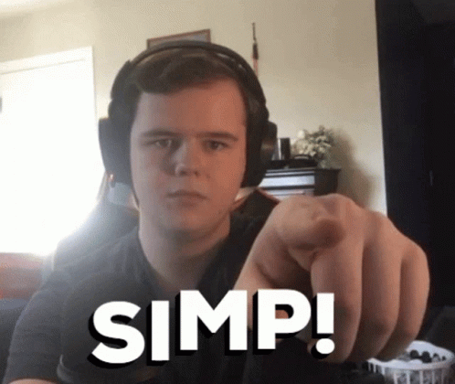 a boy in headphones holds a video game controller with a text saying, simp