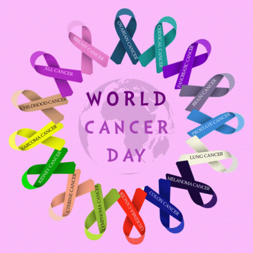 a circular illustration with a world cancer day theme surrounded by rainbow ribbons