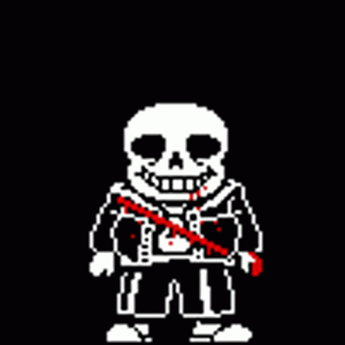 an pixellated pixel of a skeleton holding a sword