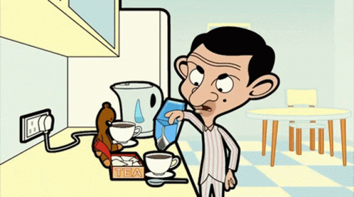 a cartoon man eating coffee inside of a kitchen