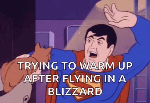 a cartoon character with the caption trying to warm up after flying in a blizzard
