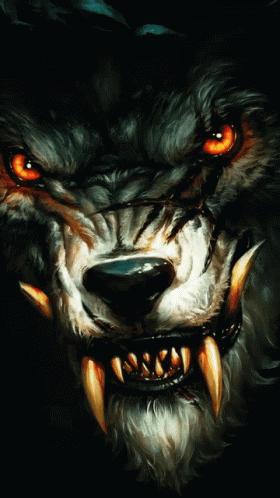 a wolf with glowing blue eyes and glowing teeth
