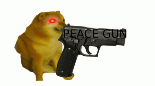 a cat is holding a gun and saying peace gun