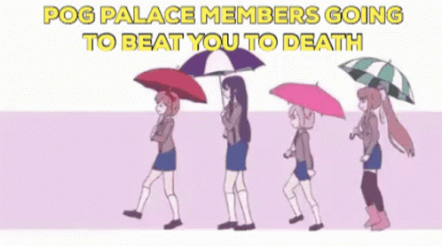 four cartoon people are standing together with umbrellas
