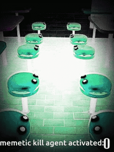 a picture of a bathroom with a bunch of green toilets
