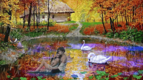 an acrylic painting of two swans and a man in a pond