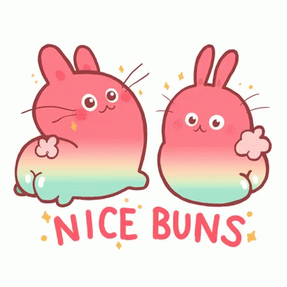 two purple rabbits with a text nice buns on a white background