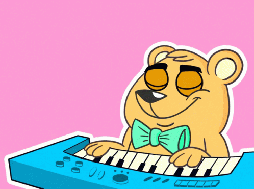 a cartoon of a blue bear playing an electronic keyboard