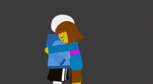 a person with blue hair is hugging someones back