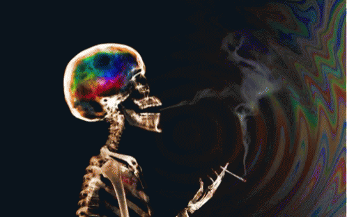 a smoking skeleton with colorful lights in the background