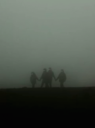 three people holding hands and walking in the mist
