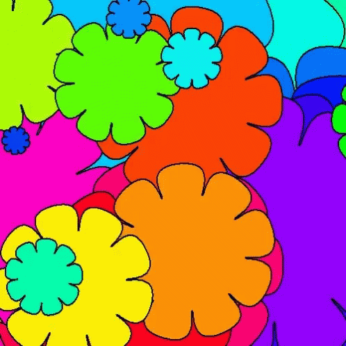 flowers and circles of colored paper on white background