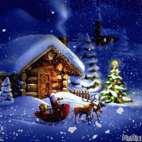 a animated image of christmas village with a snow covered house