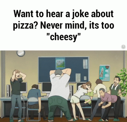 a cartoon shows people sitting at a table, with a pizza and one man raising his head
