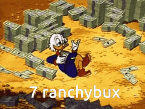 a cartoon man has his eyes closed as he is surrounded by stacks of money