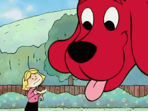 an animation of a blue dog looking at a girl with a black shirt