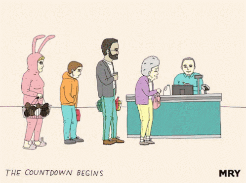 cartooned people at the counter where they have to pay