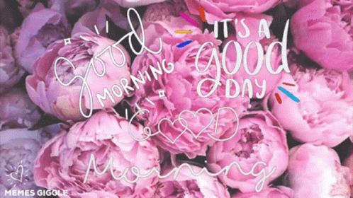 some flowers with white lettering that reads, it's a good morning enjoy