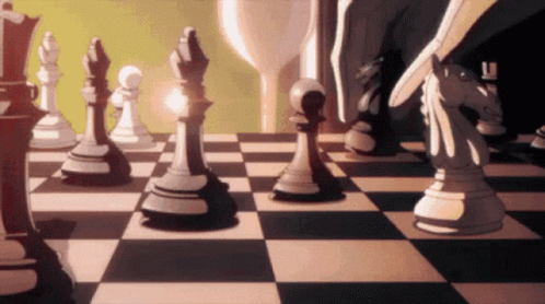 several chess pieces with an open door next to them