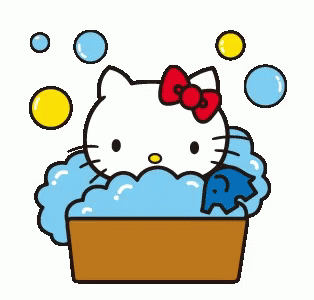 an illustration of a hello kitty in a tub of bubbles