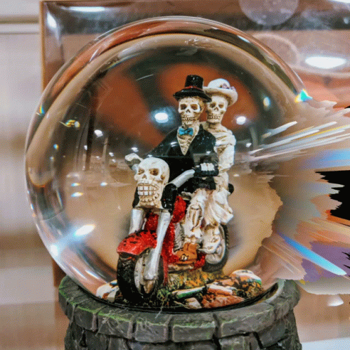 a snow globe with a skeleton couple inside